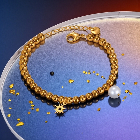 🆕️18K Gold Plated Stainless Steel Beaded Bracelet with Sun & Pearl Charms ✨ - Picture 9 of 15